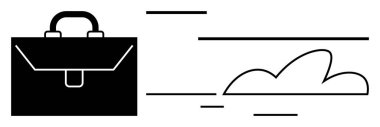 Hız çizgileri ve bulut elementinin bulunduğu siyah çanta iş seyahatini, verimliliği ve yeniliği öneriyor. İş, hareketlilik, verimlilik, teknoloji, bulut hizmetleri, iş akışı düzlemi için ideal
