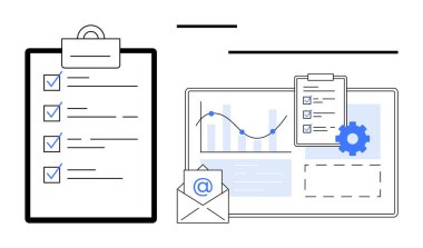 Panodaki kontrol listeleri, ekrandaki grafik, zarf. Üretkenlik, organizasyon, planlama, iş akışı, veri analizi, e-posta iletişim görev takibi için idealdir. Düz basit metafor