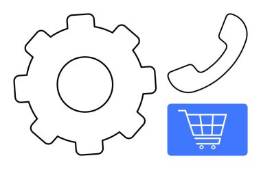 Dişliler süreçleri vurgular, telefon iletişimi sembolize eder, el arabası online alışverişi ima eder. İş, takım çalışması, müşteri desteği, verimlilik, e-ticaret lojistik operasyonları için ideal. Düz basit