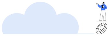 Büyük bulut, işaret eden ve açıklayan, madeni para elementi finansal değeri simgeliyor. Teknoloji, bulut hesaplama, veri depolama, fintech, iş dünyası, ağ dijital ekonomisi için ideal. Düz