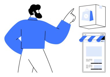 Sergilenen bir alışveriş torbasını bir küpte gösteren bir adam, online mağaza arayüzü olan mobil bir ekranın yanında. E-ticaret, teknoloji, çevrimiçi alışveriş, dijital iş, perakende yeniliği için ideal