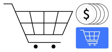 Dolar bozukluklarının ve mavi arka planda el arabasının yanında büyük bir alışveriş arabası ana hatları. Çevrimiçi alışveriş, perakende satış, e-ticaret, ödeme, işlem, bütçe, ticaret, düz metafor için ideal