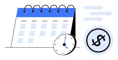 Spiral takvim, analog saat, ve dolar işaretleme zamanı yönetimi, son teslim tarihleri, finansal planlama. İş, verimlilik, ödeme programları, proje planlama bütçe takibi için ideal