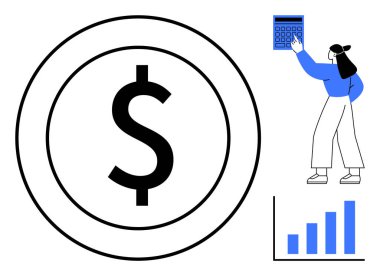 Hesap makinesi ve büyüme çubuğu tablosu kullanan kişinin yanında büyük paralar. Finans, bütçe, analiz, ekonomik büyüme, refah yönetimi, iş stratejisi ve tasarruf hedefleri için ideal. Düz basit