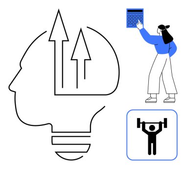 İnsan kafası ampul ve yukarı doğru oklarla birleşmiş, hesap makinesi tutan bir kadın ve ağırlık kaldıran bir figür. Kişisel büyüme, yenilik, eğitim, hedef belirleme, motivasyon, fiziksel