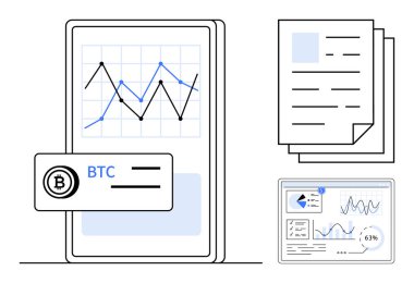 Mobil ekranda dinamik kripto para birimi grafikleri, BTC 'li finansal veri kartı, belge yığını ve analitik gösterge paneli. Finans, kripto para birimi, veri eğilimleri, yatırım ve teknoloji için ideal