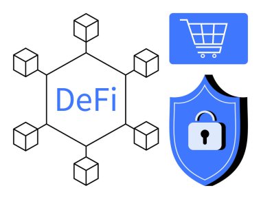 DeFi metnini çevreleyen blok küpleri e-ticaret alışveriş arabası ve siber güvenlik için asma kilitli kalkan. Fintech, engelleme zinciri, DeFi, e-ticaret, güvenlik, gizlilik dijital yatırım için ideal