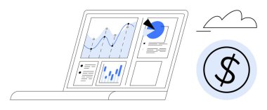 Analitik gösterge paneli, grafikler, pasta grafiği ve dolar simgesi ve bulutunun yanında veri görselleştirmeleri gösteren dizüstü bilgisayar. Finans, analitik, strateji, teknoloji, gelir ve büyüme pazarlaması için ideal