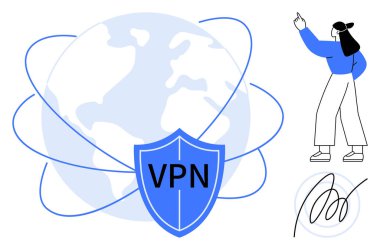VPN ile kalkan, birbirine bağlı hatlarla çevrili dünya, bireysel, dinamik hareket. Siber güvenlik, dijital gizlilik, veri koruması, şifreleme, küresel erişim çevrimiçi anonimlik için ideal
