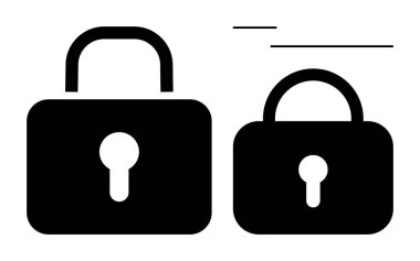 Basit dizaynlı siyah, katı asma kilitler. Biri daha büyük, biri daha küçük. Güvenlik, gizlilik, veri koruması, şifreleme, güvenilirlik ve siber güvenlik için ideal. Düz basit metafor