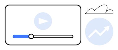 İlerleme çubuğu olan video oynatıcı ekranı, yukarı doğru büyüyen bulut ögesini gösteren düğme grafiğini oynat. Teknoloji, analitik, video içeriği, veri büyümesi, akış, online medya için ideal. Düz
