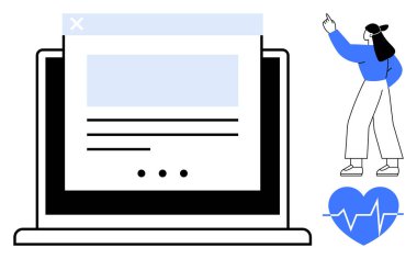 Dizüstü bilgisayarda bir web sayfası, nabzı atan bir kalp ve el kol hareketi yapan biri. Sağlık izleme, teletıp, hasta eğitimi, sağlık uygulamaları, dijital sağlık hizmetleri, çevrimiçi danışmanlık dairesi için ideal