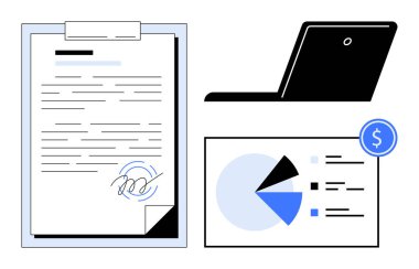 Panodaki imzalı belge, dizüstü bilgisayar ve iş süreçlerini temsil eden finansal pasta grafiği. Finans, sözleşmeler, işlemler, uzaktan çalışma, analitik işlemler dijital iş akışı için idealdir. Düz