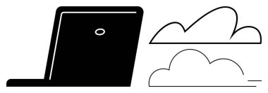 Ana hatlarıyla belirlenmiş bulut şekillerinin yanındaki dizüstü bilgisayar dijital bağlantıyı, bulut depolama, uzaktan erişim, teknoloji entegrasyonu, iş yeniliği, veri paylaşımı ve basitleştirilmiş iş akışlarını sembolize etmektedir. Düz basit