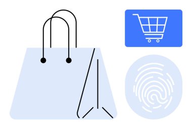 Alışveriş çantası, mavi el arabası ikonu ve dijital ödeme, kimlik doğrulama ve online alışveriş. Müşteri markalaştırmak için e-ticaret, perakende, güvenlik, yenilik teknolojisi için ideal