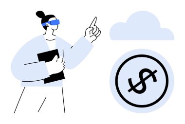 Siyah bir tablet tutan ve içinde dolar işareti olan bir bulutu işaret eden bir kadın. Finans, teknoloji, yenilik, dijital ekonomi, bulut hesaplama, gelecek eğilimleri, iş büyümesi için idealdir. Düz basit