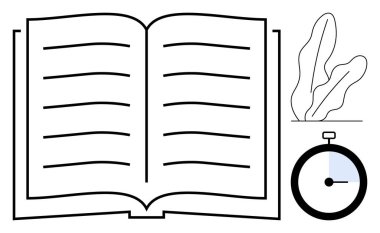 Kronometre ve dekoratif bitkinin yanında görünür çizgiler olan büyük açık bir kitap. Eğitim, öğrenme, zaman yönetimi, okuma, bilgi, organizasyon ve verimlilik için ideal. Düz basit metafor