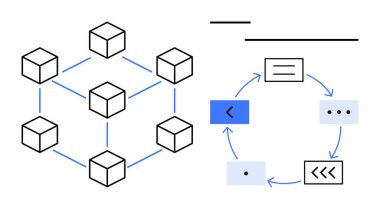 Bağlı küpler, veri ve süreçleri gösteren dairesel bir akış diyagramı oluşturur. Engelleme zinciri, teknoloji, ademi merkeziyet, süreç, akış, veri yönetimi için ideal