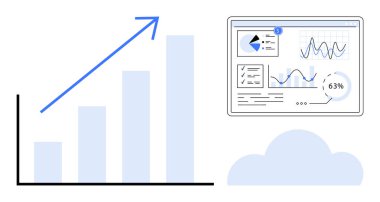 Yukarı doğru büyümeyi sembolize eden ok, veri eğilimlerini gösteren analitik gösterge paneli ve bulut grafiği. İş, veri, büyüme, analiz, teknoloji başarısı minimalizmi için idealdir. Düz basit