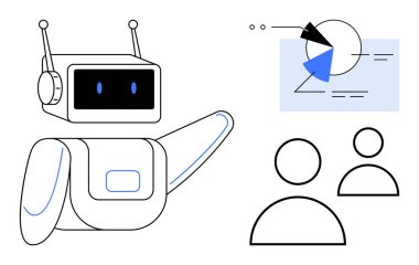 Soyut çizelgeye ve iki kullanıcı simgesine doğru hareket eden antenli robot. Takım çalışması, eğitim, yapay zeka, veri analizi, işbirliği, yenilik ve teknoloji için idealdir.