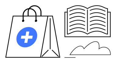 Mavi tıbbi haçlı alışveriş çantası görünür metin satırlı açık kitap ve soyut bulut. Sağlık, eğitim, e-ticaret, çevrimiçi hizmetler, sağlıklı ve sürdürülebilir yaşam tarzı okumak için idealdir. Düz
