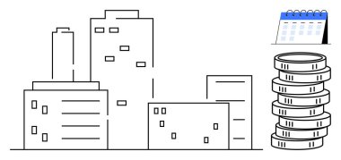 Şehir ekonomisini, finansal planlamayı sembolize eden madeni para ve takvim yığınlarıyla minimalist şehir binaları. Finans, emlak, iş stratejisi, ekonomi, yatırım, zaman yönetimi için ideal