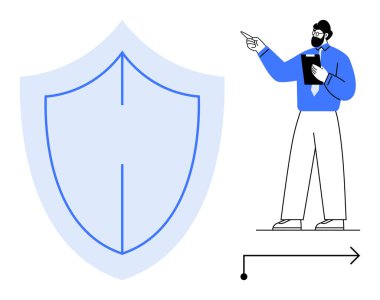 Elinde pano olan bir adam büyük bir kalkanda jest yapıyor, koruma ve stratejiyi temsil ediyor. Güvenlik, teknoloji, iş, liderlik, risk yönetimi, rehberlik ve güven konuları için idealdir. Düz basit