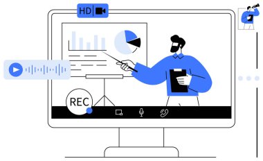 Sunucu, grafikleri video konferansı yoluyla açıklamak için dijital araçlar kullanıyor. Eğitim için ideal, webinarlar, eğitim, işbirliği, uzak çalışma, e-öğrenme, içerik oluşturma. Düz basit metafor