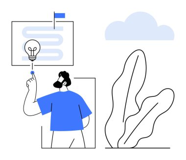 Minimalist bitki ve bulutun yanında fikirleri ve planlamayı sembolize eden strateji akış şemasını gösteren bir ampulü işaret eden kişi. Problem çözme, yenilik, yaratıcılık, büyüme, strateji için ideal