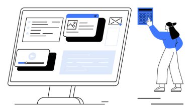 Dosyalar, multimedya ögeleri ve e-posta içeren büyük bir bilgisayar ekranının yanında dijital hesap makinesi kullanan bir kadın figürü. Teknoloji, üretkenlik, dijital araçlar, eğitim ve e-öğrenim için ideal