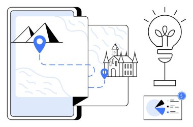 Bir dağ ve kaleyi birbirine bağlayan haritalı bir tablet ekran, yaratıcılığı sembolize eden bir ampul ve veri analizi için bir pasta grafiği. Seyahat, planlama, yenilik ve turizm için ideal
