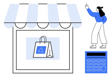 Vitrinde tente, çevre dostu torba geri dönüşüm işareti, hesap makinesi ve yukarı bakan kadın var. Sürdürülebilirlik, perakende, küçük işletme, bütçe, atık azaltma e-ticaret için ideal