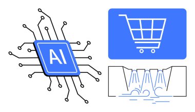 Devre bağlantıları olan yapay zeka çipi, alışveriş arabası arayüzü ve otomasyon süreci. Teknoloji, yapay zeka, e-ticaret, otomasyon, yenilik veri analiz sistemi entegrasyon temaları için idealdir. Düz basit