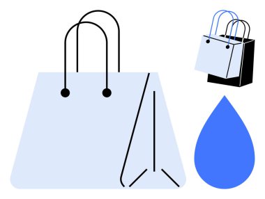 Kabzalı büyük kağıt poşet, daha küçük siyah beyaz çanta ve mavi damlacık şeklinde. Perakende satış, e-ticaret, alışveriş temaları, çevre dostu kavramlar, ürün tanıtımı, tüketici davranışı için ideal