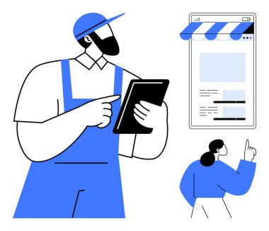 Tabletli işçiler tente tasarımı içeren dijital mağaza arayüzünü yönetirken, müşteriler çevrimiçi mağazayı keşfedip etkileşime geçiyorlar. E-ticaret için ideal, küçük işletme, otomasyon