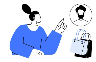 Yukarıya doğru bakan bir kadın, iki alışveriş çantasının yanında daire şeklinde bir erkek profili çiziyor. E-ticaret, müşteri hizmetleri, çevrimiçi alışveriş, sosyal etkileşim, dijital iletişim, pazarlama için ideal