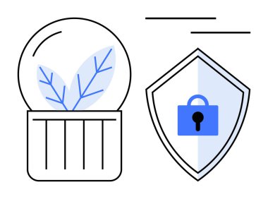 Koruyucu bir konteynır ve kilit sembollü bir kalkan yerleştirin. Sürdürülebilirlik, çevre koruma, siber güvenlik, veri gizliliği, büyüme, güvenlik ve teknoloji temaları için ideal. Soyut çizgi