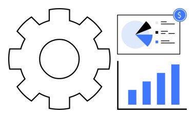 Sınır çizelgesi, pasta grafiği, verimliliği, veri analizini ve karı gösteren dolar işareti. Ticari büyüme, iş akışı iyileştirme, teknoloji, veri güdümlü mali planlama için ideal