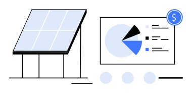 Turta diyagramı, veri noktaları ve parasal ikonu olan bir finansal tablonun yanında duran güneş paneli. Yenilenebilir enerji, sürdürülebilirlik, yatırım, analiz, çevre, temiz enerji için ideal