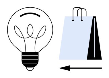 Alışveriş çantasının yanında ampul var. Yönlü bir okla bağlanmış. Yenilik, yaratıcılık, e-ticaret, pazarlama, iş dünyası, tüketici seyahati perakende stratejisi için idealdir. Düz basit metafor