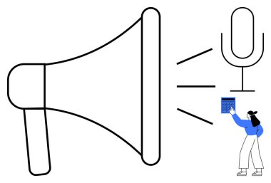 Büyük megafon ve yüzen mikrofon. Dizüstü bilgisayarı tutan küçük karakter yayını sembolize ediyor. İletişim, pazarlama, podcast, halka açık konuşma, medya, teknoloji, ses için ideal