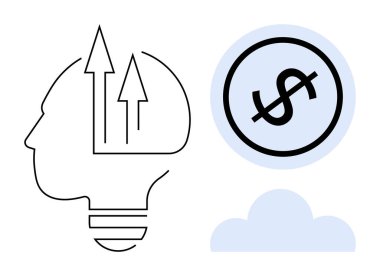 Baş hatları yukarı ok şeklinde, dolar işaretleri daire şeklinde, ve bulut yeniliği, finansal büyüme ve özlemleri çağrıştırıyor. Başarı, hedefler, finans ve yaratıcılık için ideal beyin fırtınası gelişimi