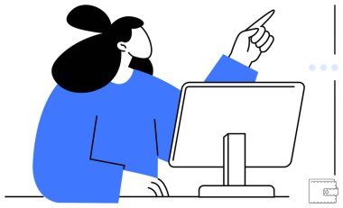Mavi elbiseli kadın yukarıya bakıyor, masadaki monitörle oturuyor. Teknoloji, verimlilik, iletişim, eğitim, yenilik, takım çalışması kullanıcı etkileşimi için idealdir. Düz basit metafor