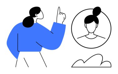 Yuvarlak bir profil çerçevesi ve soyut bulutun yanında işaret parmağı olan bir kadın. İletişim, sosyal ağ, takım çalışması, dijital kimlik, işbirliği, beyin fırtınası için ideal