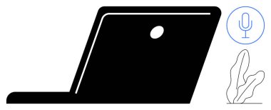 Siyah bir dizüstü bilgisayar silueti, dairesel mikrofon ikonu ve şekillendirilmiş soyut bitki taslağı. Teknoloji, iletişim, üretkenlik, iş, ses, tasarım temaları için ideal basit