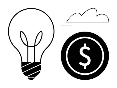 Ampul, dolar sikke ve bulut yaratıcılığı, finansal başarıyı ve soyut düşünceyi sembolize eder. Ticari büyüme, yenilik, finans, sürdürülebilirlik beyin fırtınası ekonomisi için idealdir.