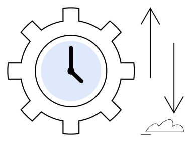 Saat yüzlü vites, zaman yönetimi ve verimliliği sembolize eder. Yukarı ve aşağı oklar büyümeyi, verimliliği ve optimizasyonu yansıtır. Üretkenlik, iş akışı, mühendislik ve planlama için ideal