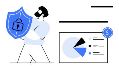 Kilit sembollü kalkanı tutan adam veri görsellerinin yanında duruyor. Pasta grafiği, çubuklar ve dolar simgesi de dahil. Güvenlik, finans, analitik, siber güvenlik veri güvenliği için idealdir. A
