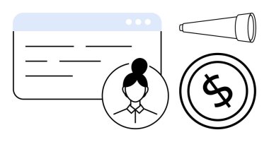 Tarayıcı penceresi, teleskop ve doların yanında profil simgesi hedefler, strateji, kariyer büyümesi ve finansal planlamayı simgeler. Finans, araştırma, liderlik analitik kariyer yönetimi için ideal