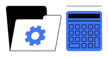 Hesap makinesinin yanında dişli simgesi olan bir klasörü aç, organizasyonu sembolize et, veri akışı, finansal analitik, muhasebe, iş çözümleri, dijital araçlar ve teknik işlemler. İdeal